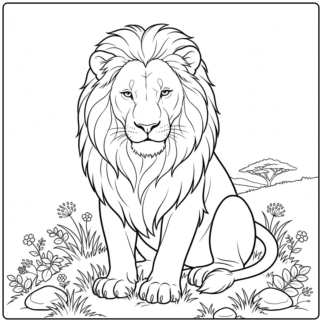 Adult male lion sits calmly among wildflowers with a full layered mane