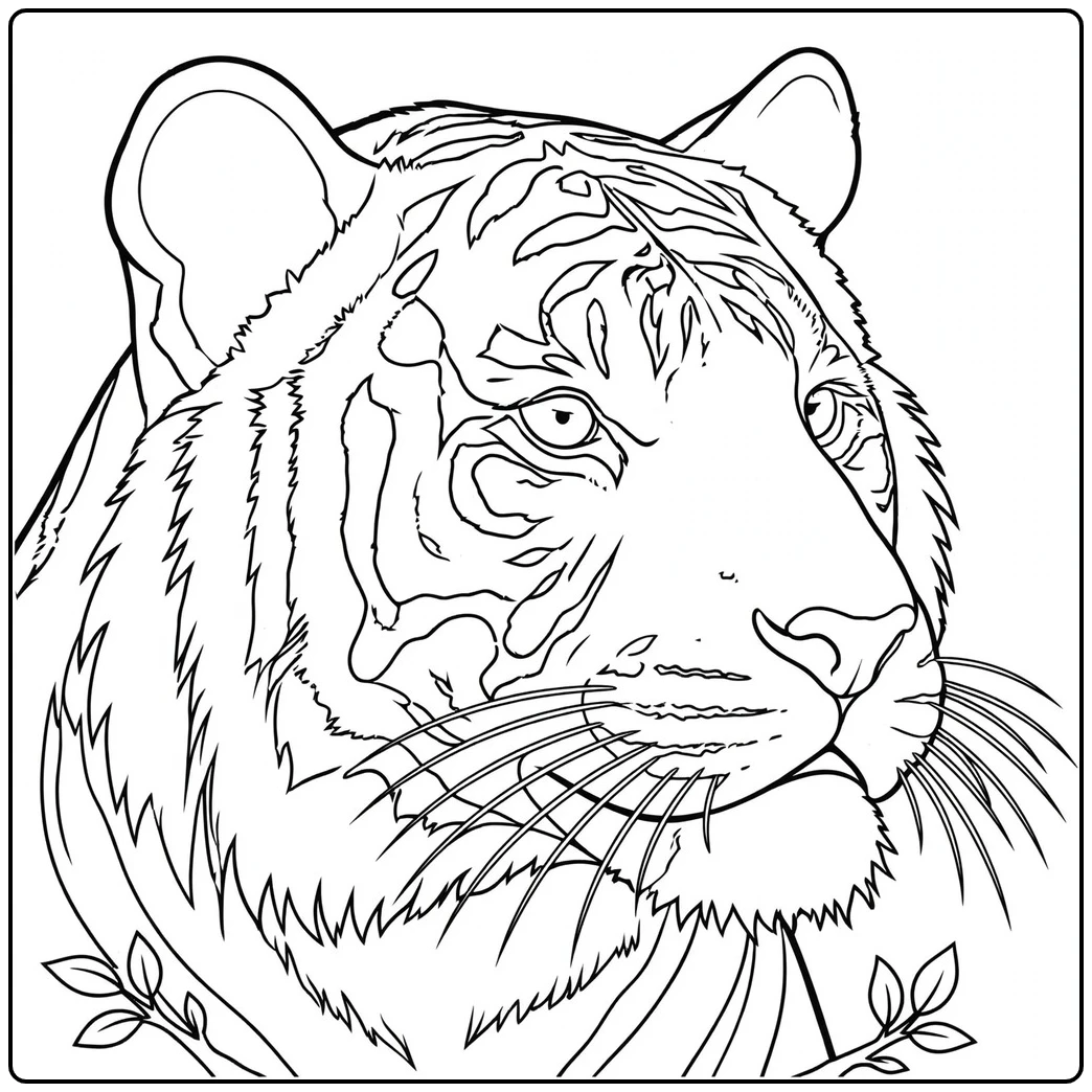 Close-up tiger face coloring page with a calm side gaze and long sweeping whiskers