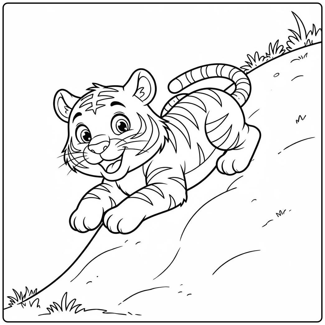Cartoon tiger coloring page of one tiger sliding down a gentle grassy slope