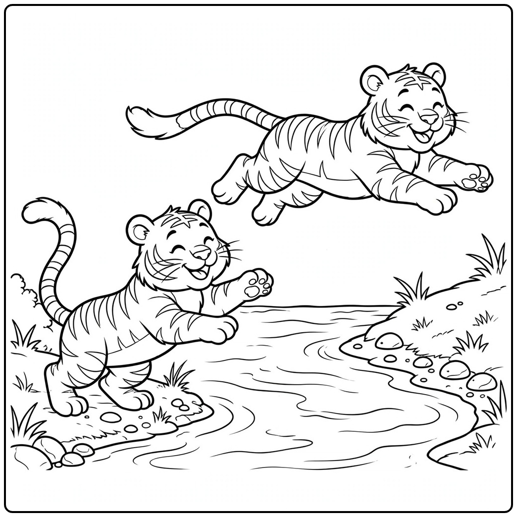 Two cartoon tigers leaping across a narrow creek with joyful expressions