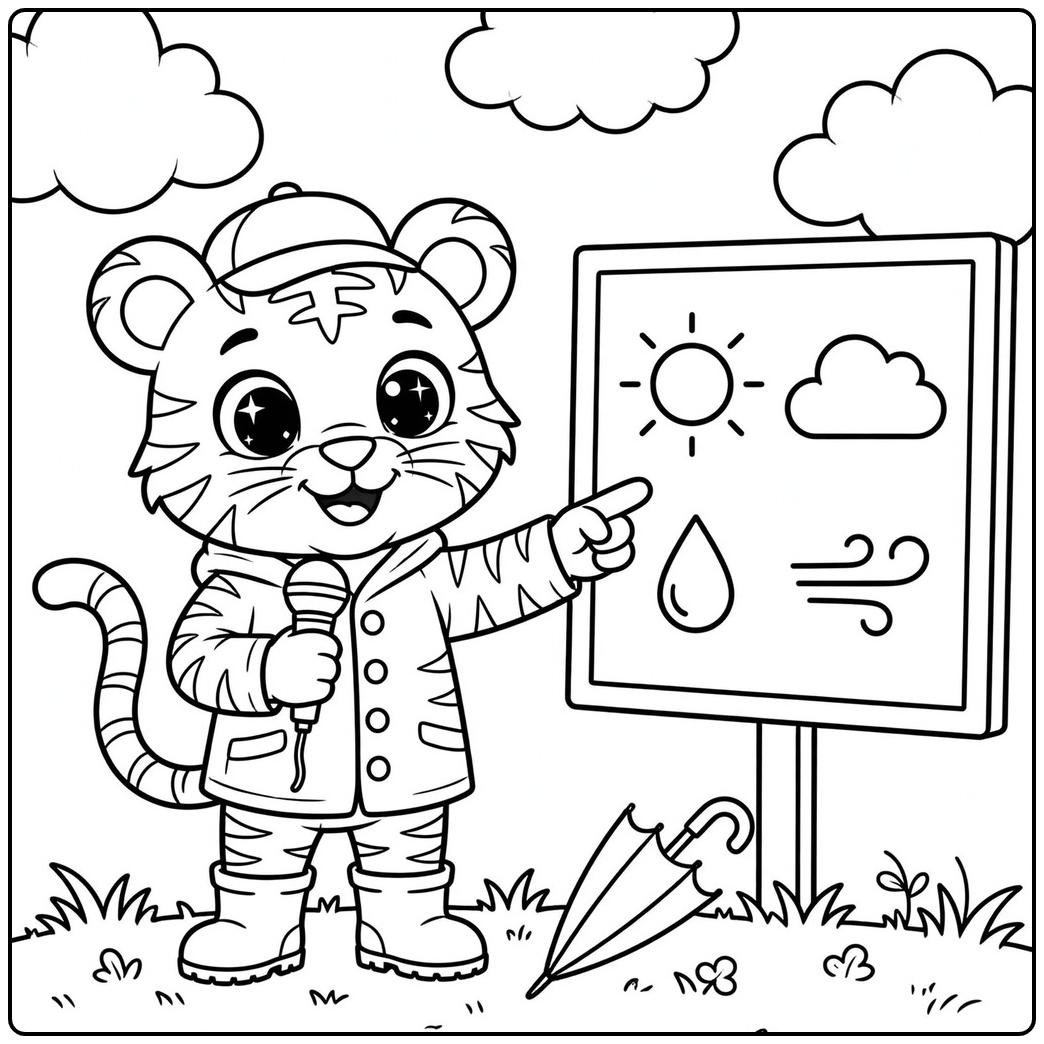 Tiger weather presenter pointing to sun, cloud, rain, and wind symbols