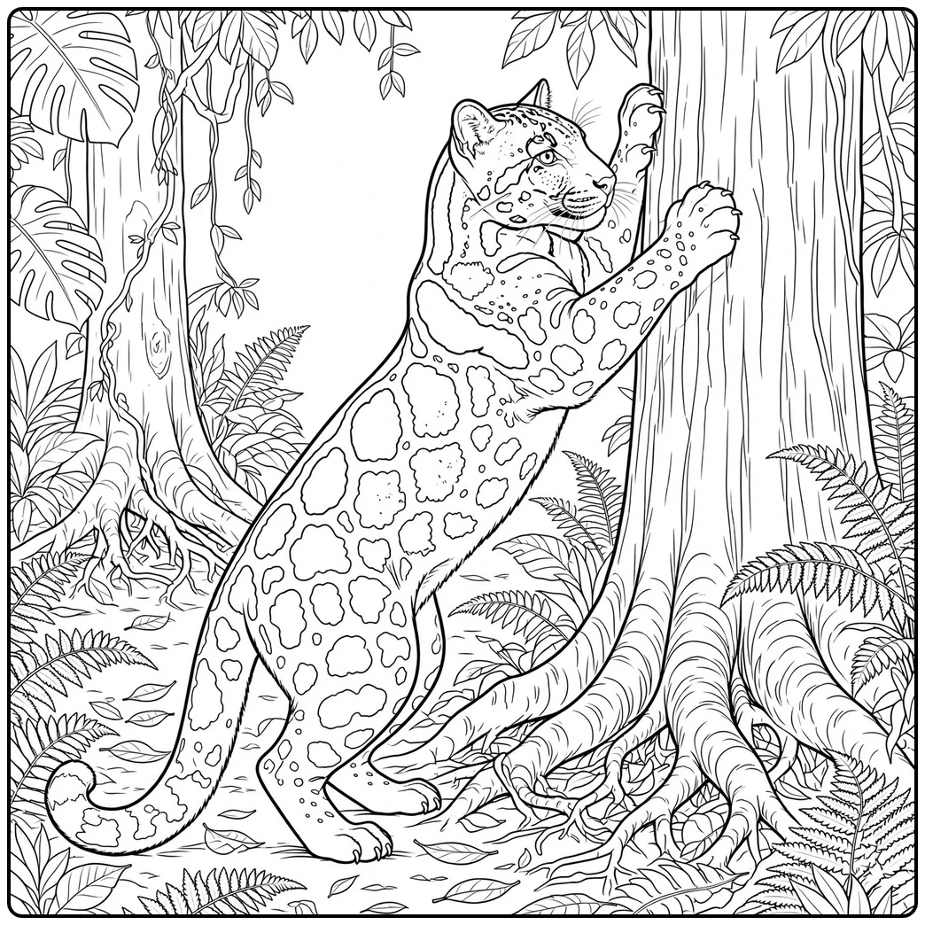 Wild clouded leopard climbing a tall rainforest tree with both front paws extended