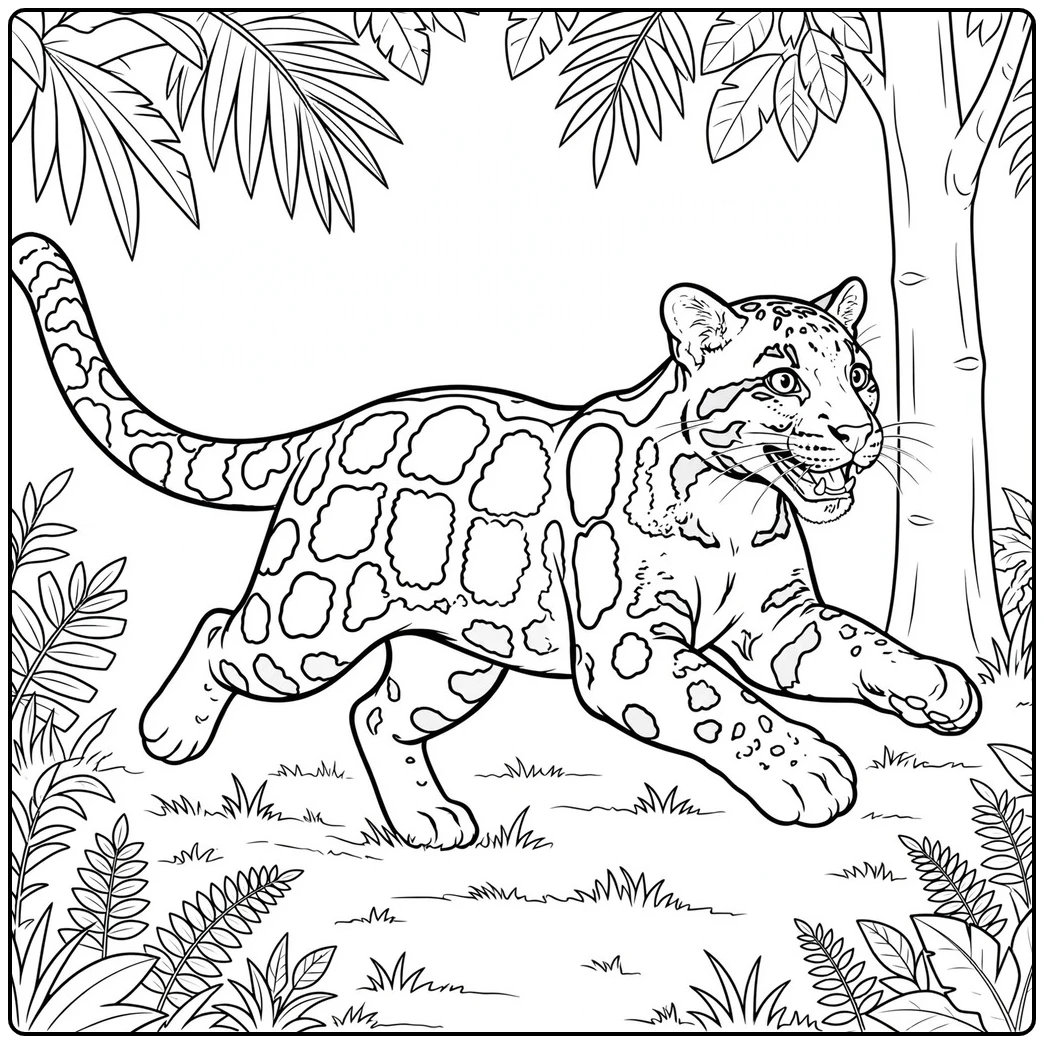 Clouded leopard coloring page with a spotted leopard running through tropical plants