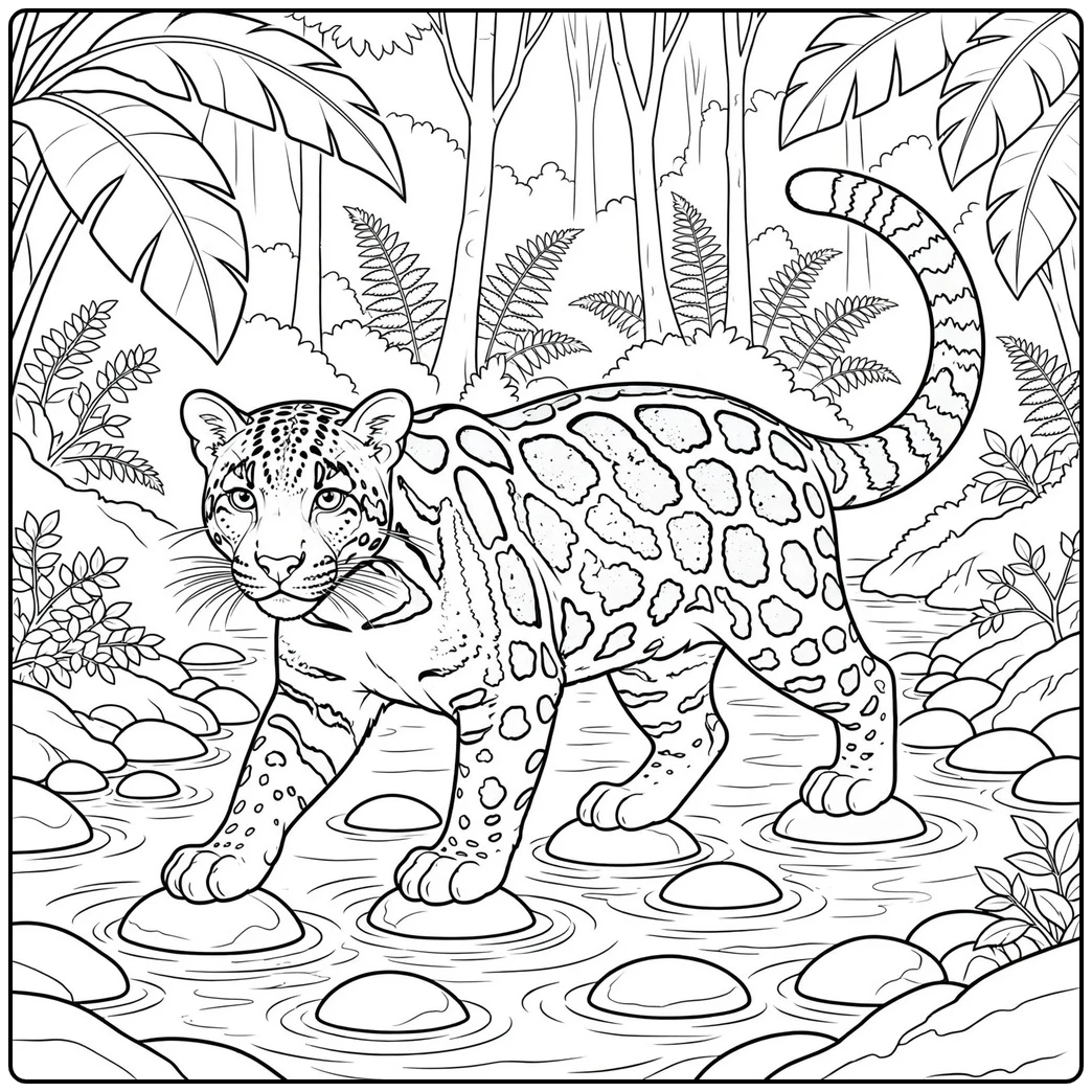 Clouded leopard coloring page featuring a wild cat stepping across stream stones