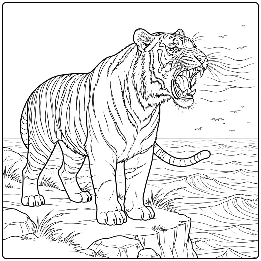 Powerful tiger roars from a coastal cliff above rolling ocean waves and seabirds