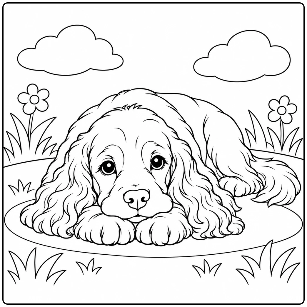 Resting Cocker Spaniel lies on the grass with its chin gently placed on its front paws