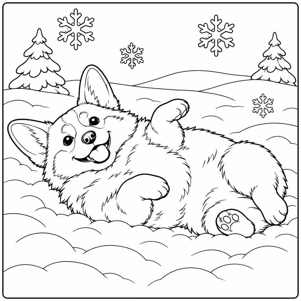 Happy Corgi rolls on its back in soft snow beneath large falling snowflakes