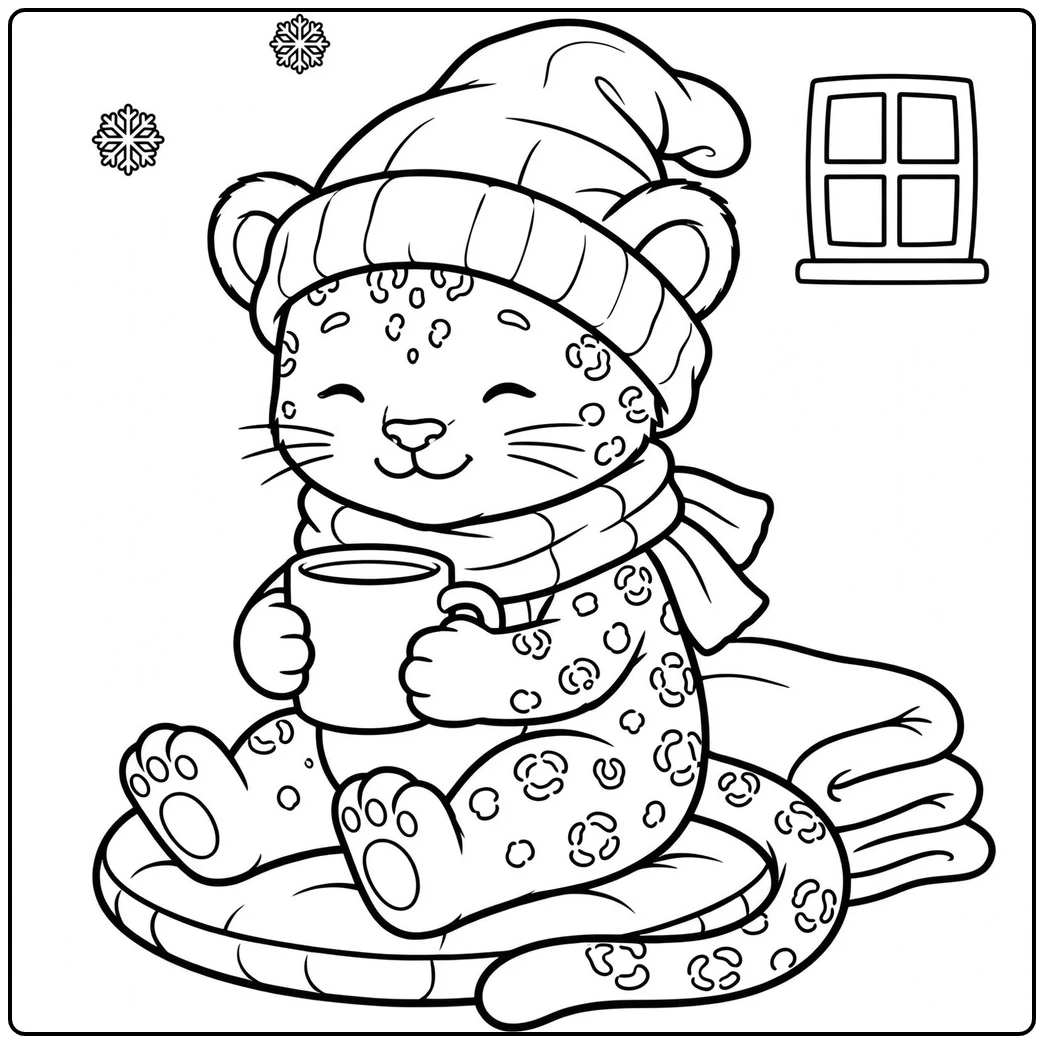 Cozy cub in a cute baby leopard coloring page wears a winter hat and holds a mug