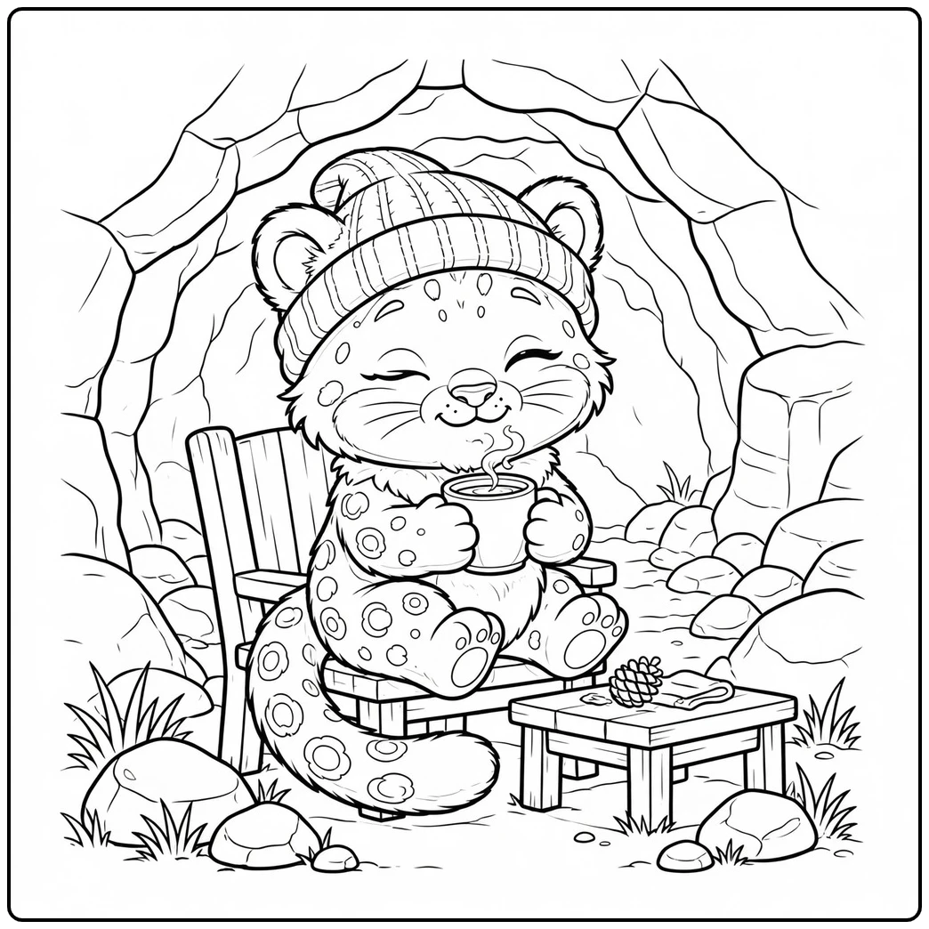 A fluffy snow leopard cub wearing a knit hat and enjoying a warm drink outside a cave
