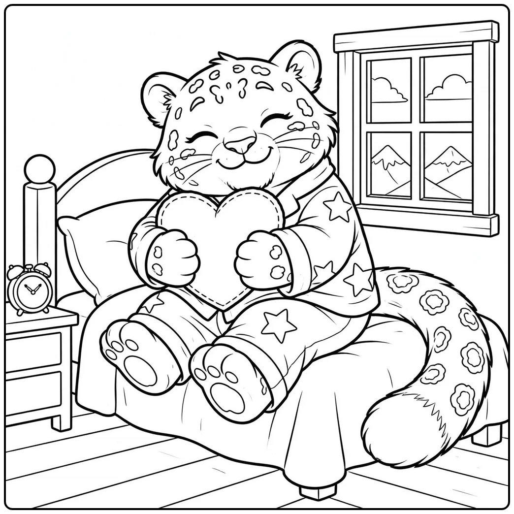 A smiling snow leopard wearing star pajamas and hugging a heart pillow on a bed