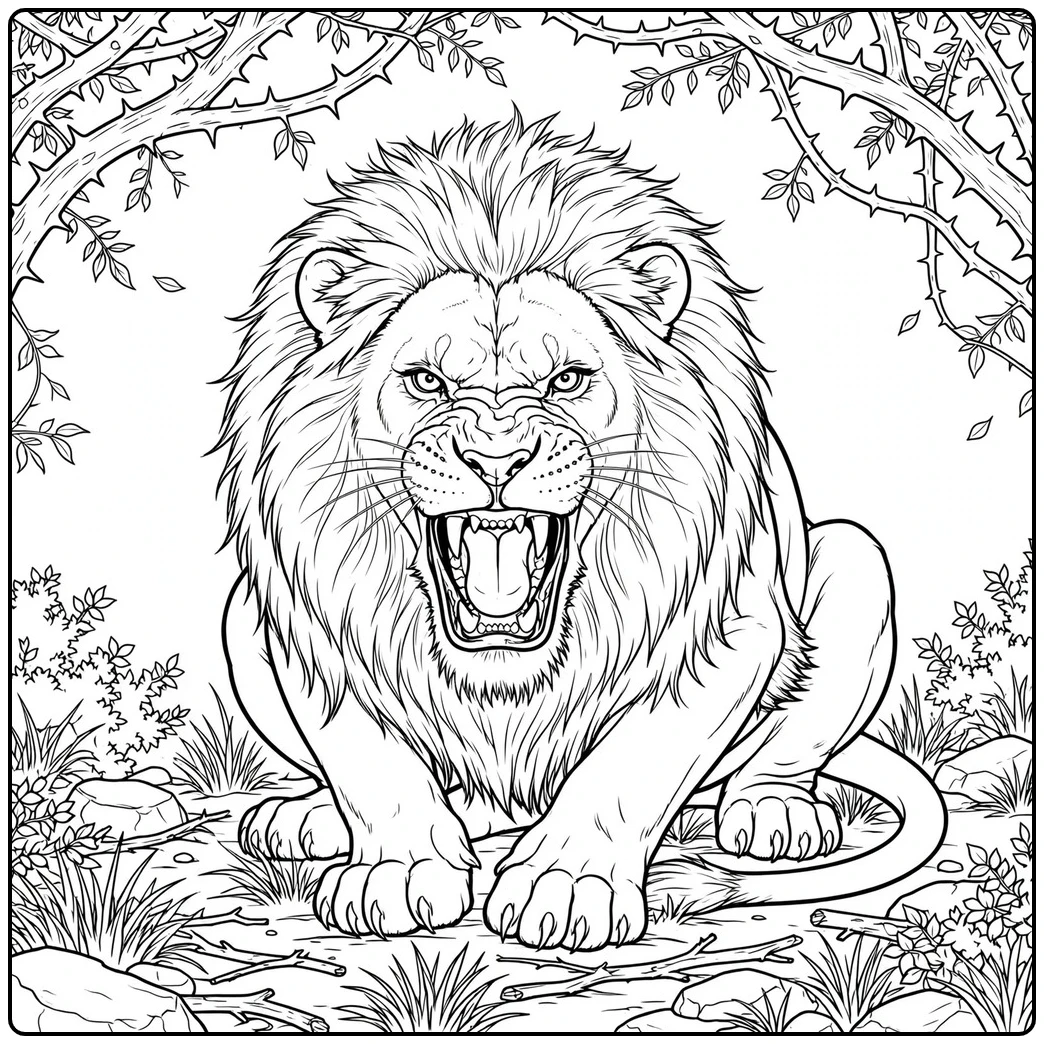 Crouching male lion snarls beneath thorny branches in a scary lion coloring page