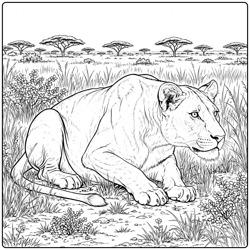Alert lioness crouching low among tall grass on the African savanna