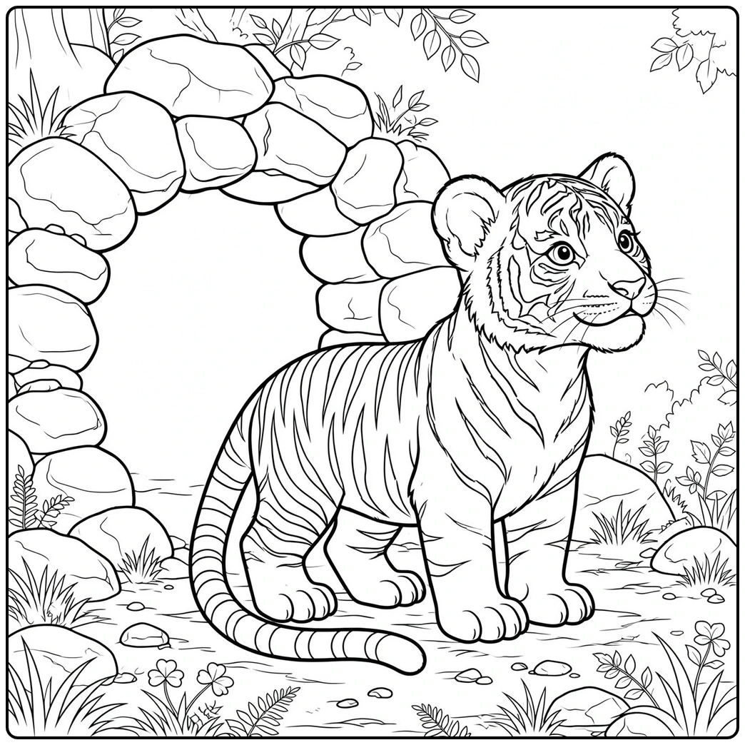 Tiger cub standing beside a rocky den entrance surrounded by forest plants