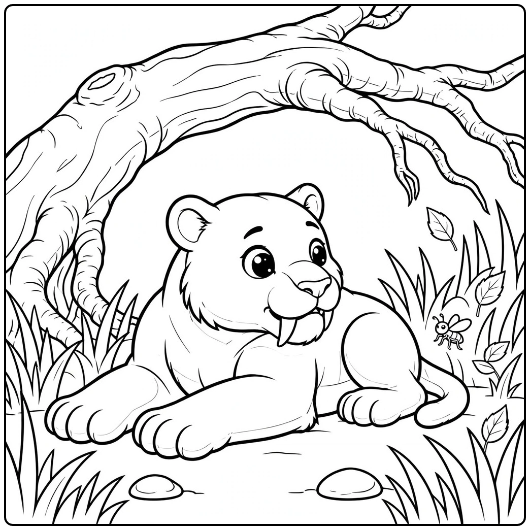 Young cub resting under an arched tree root in a saber tooth tiger coloring page