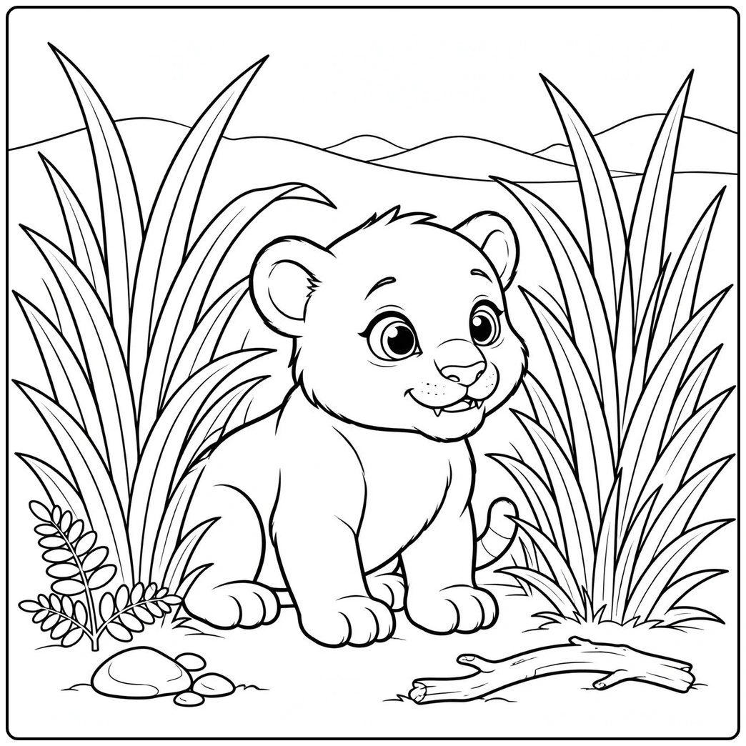 Cute saber tooth cub sitting between tall grass clumps with rocks and a fallen stick