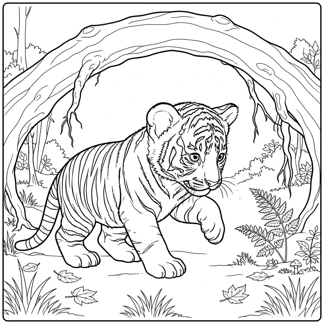 Cub walking beneath an arched tree root in a detailed baby tiger coloring page