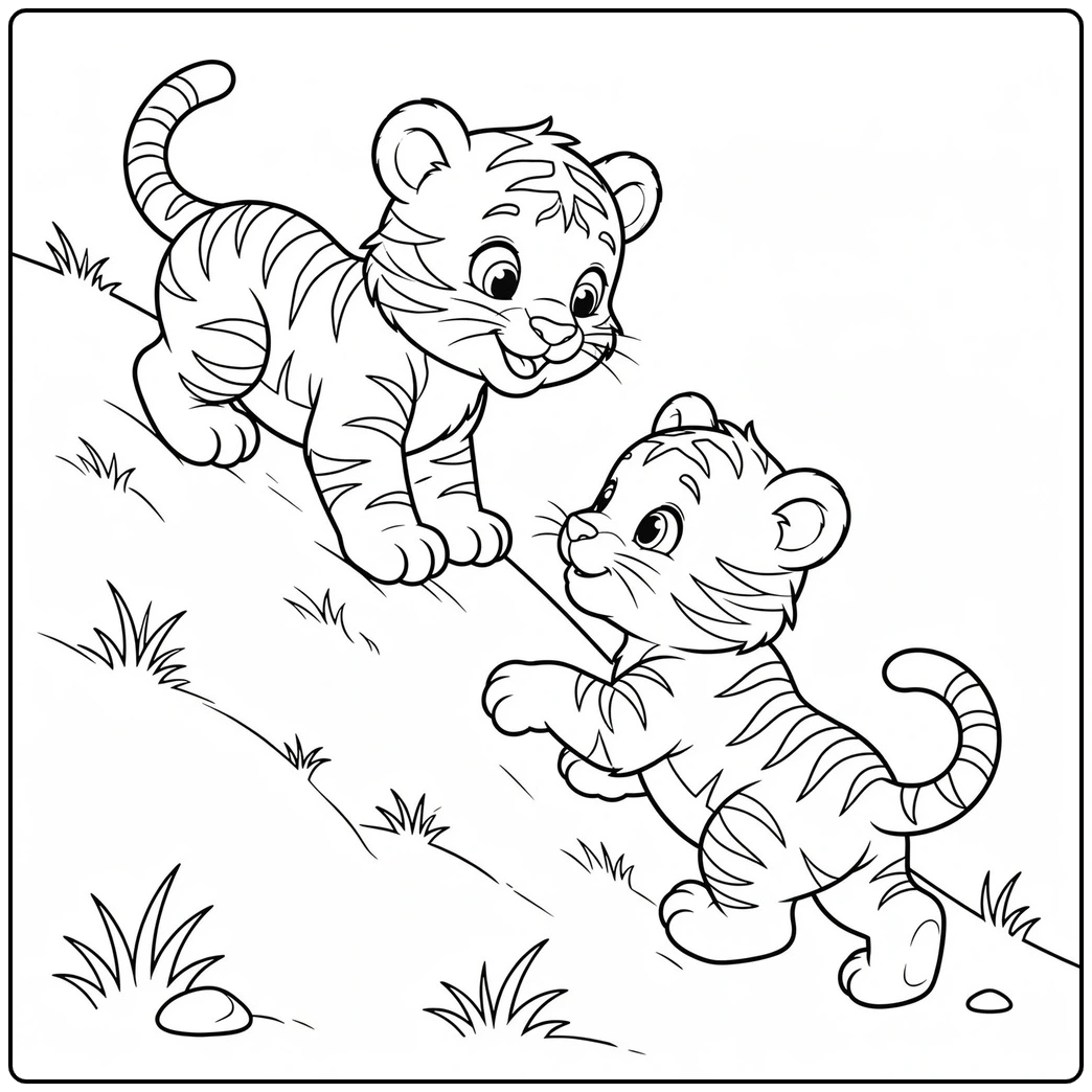 Two tiger cubs climbing a grassy slope while looking toward each other