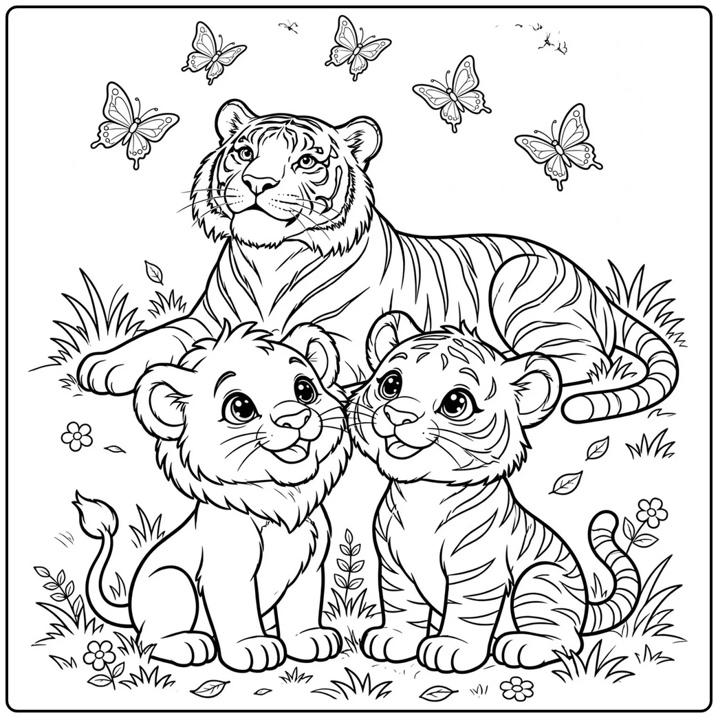 Lion cub and tiger cub watch butterflies while an adult tiger rests behind them