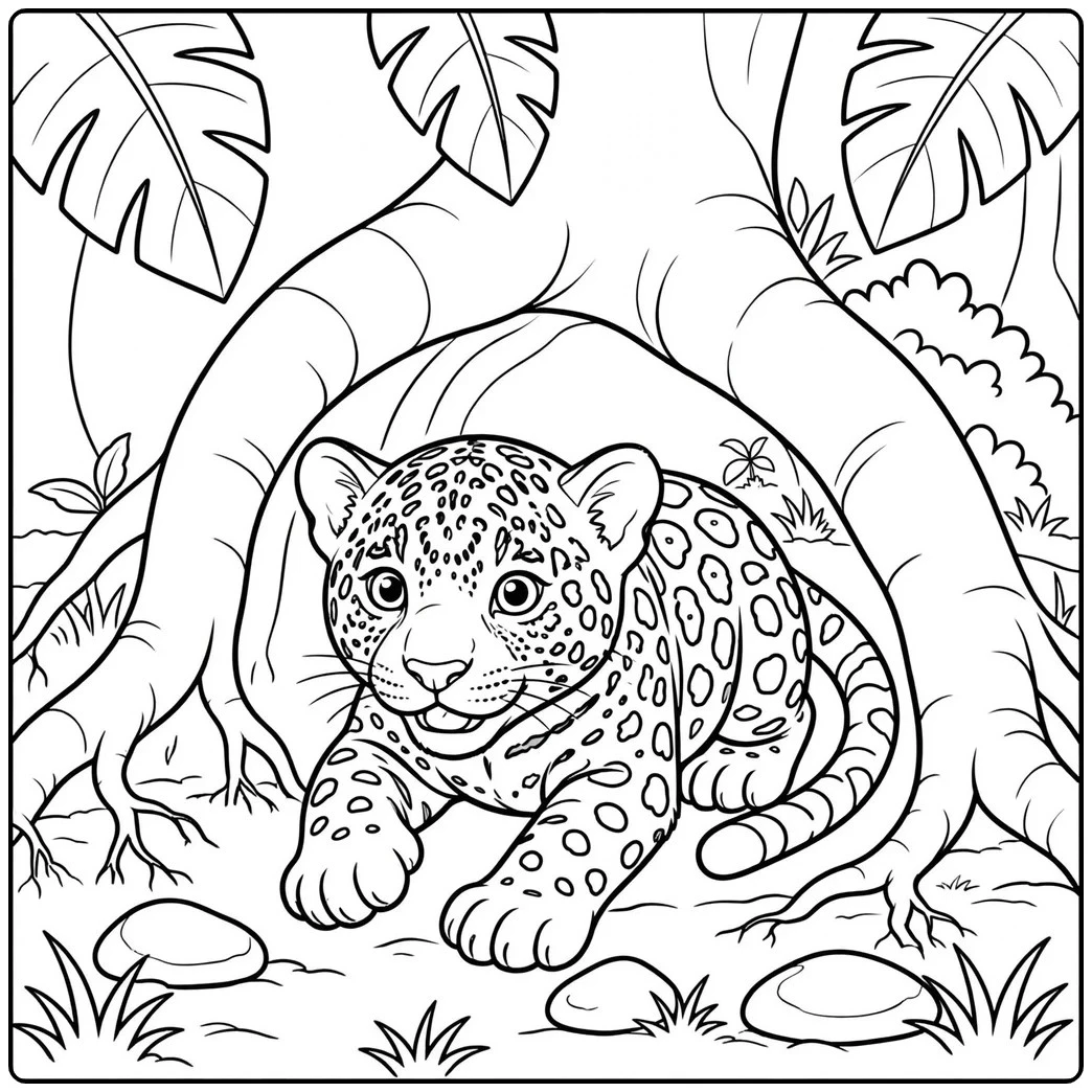 A jaguar cub crawling beneath tree roots on a jaguar coloring page set in the jungle