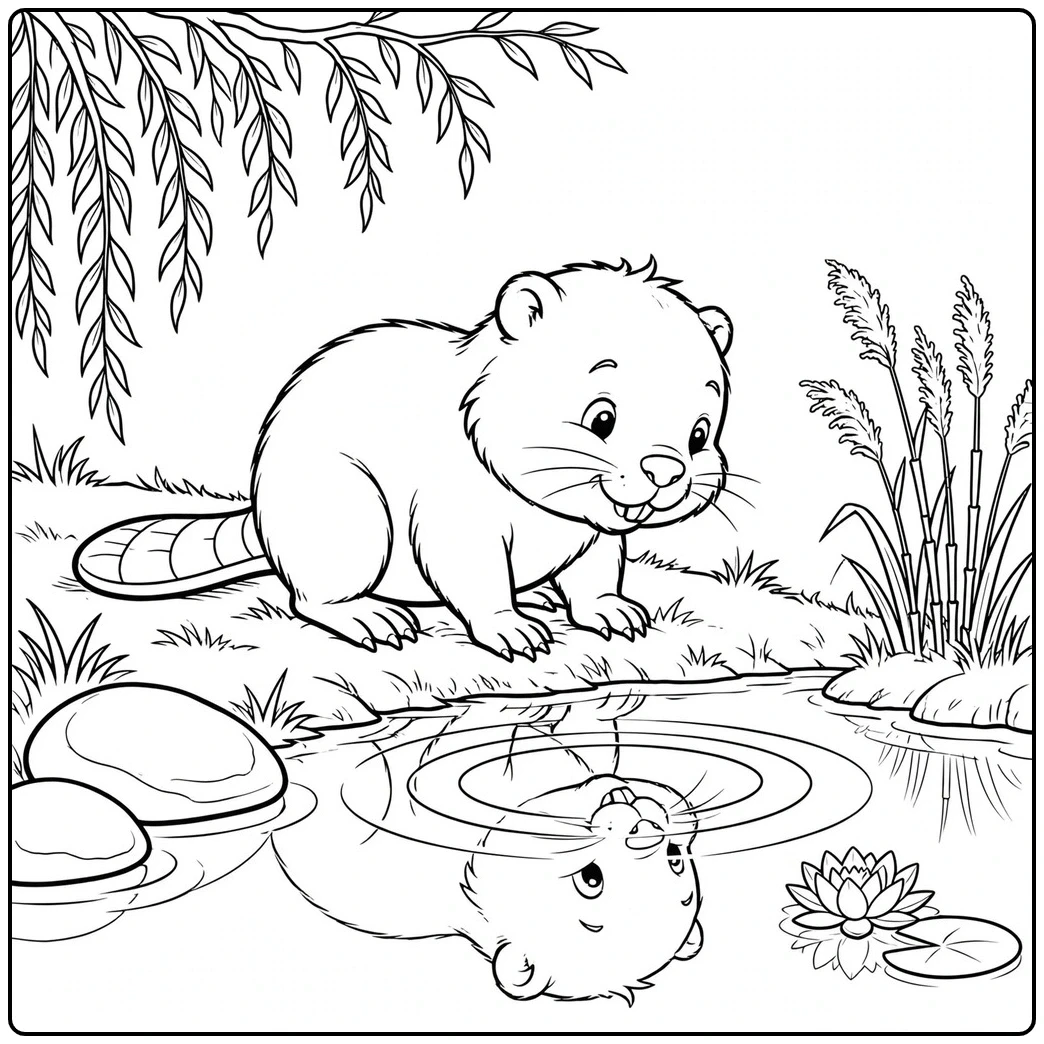 A curious beaver leans over a quiet pond and gazes at its reflection in the water