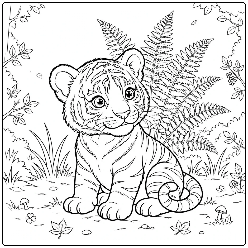 Curious cub sitting by tall ferns in a baby tiger coloring page