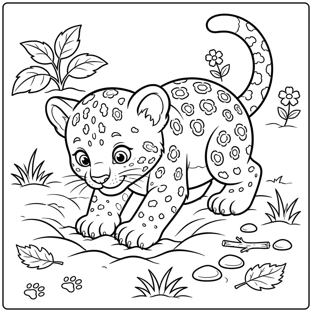 Curious leopard cub paws at soft ground near flowers, stones, and a tiny paw print