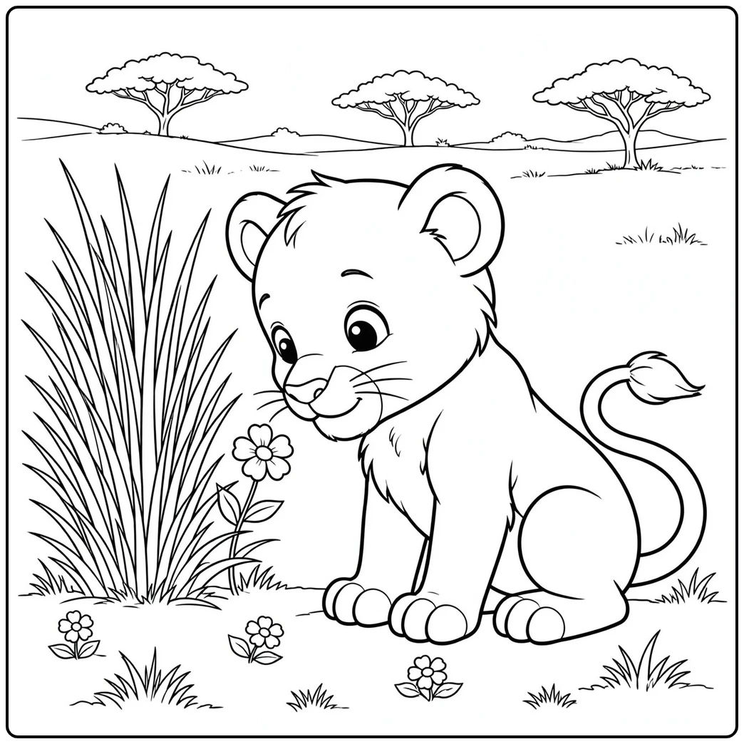 Curious cub sits beside tall grass and leans toward a single blooming flower