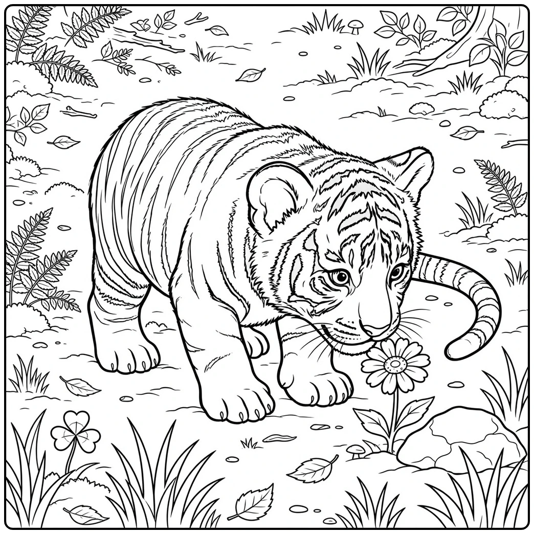 Young cub sniffing a flower in a realistic baby tiger coloring page