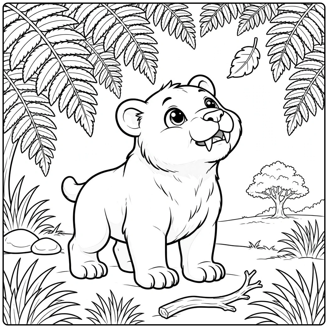 Curious saber tooth cub looking up beneath hanging ferns beside a fallen branch