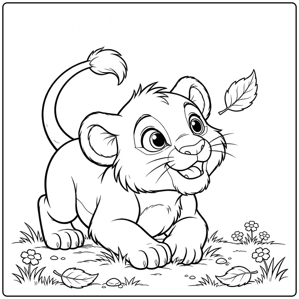 Curious baby lion crouches beneath a drifting leaf with bright, excited eyes