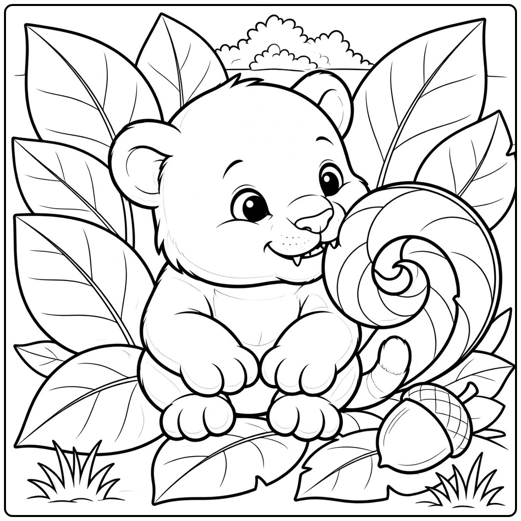 Wide-eyed saber tooth cub sitting among large leaves, a spiral shell, and an acorn