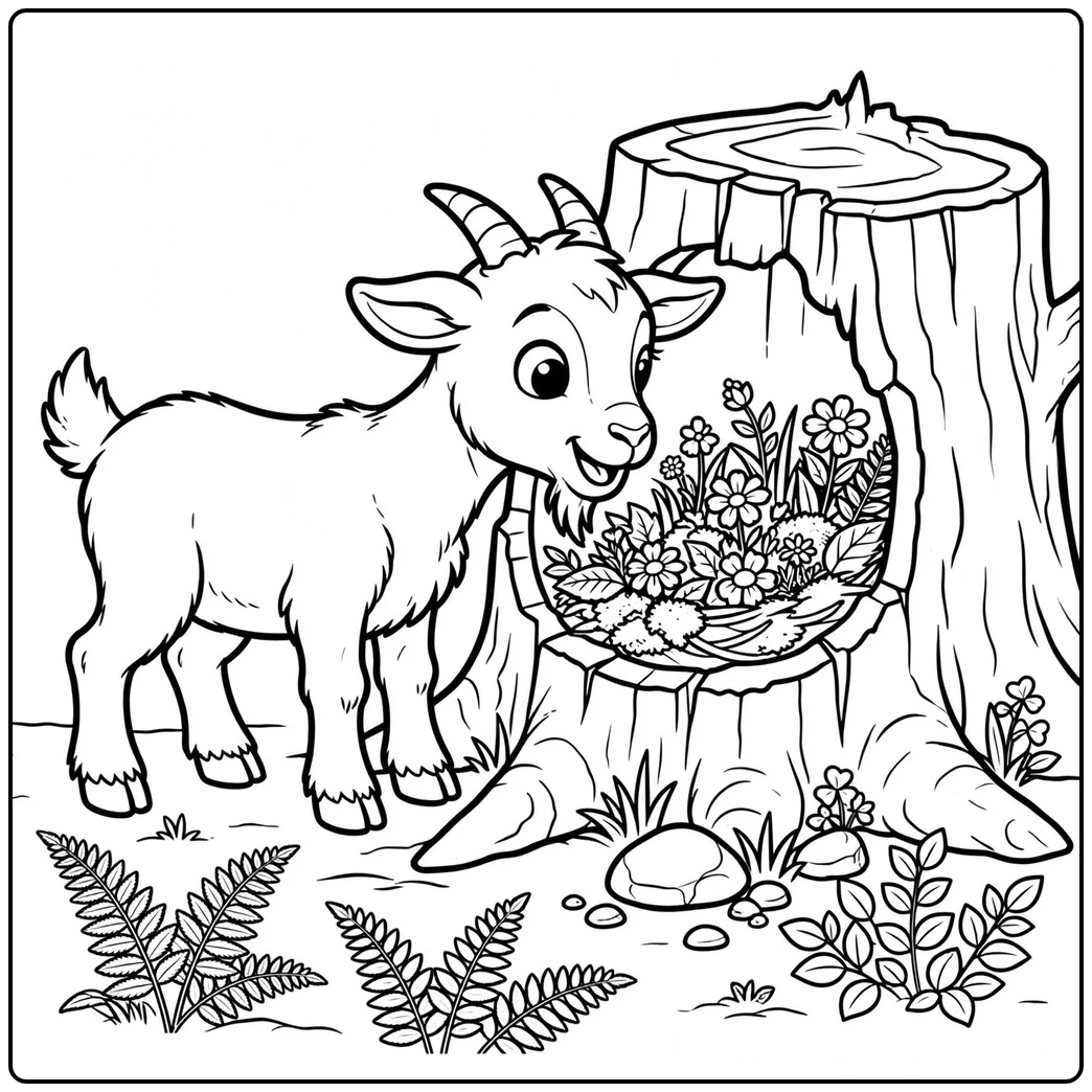 Curious young goat beside a hollow stump filled with wildflowers and leafy plants