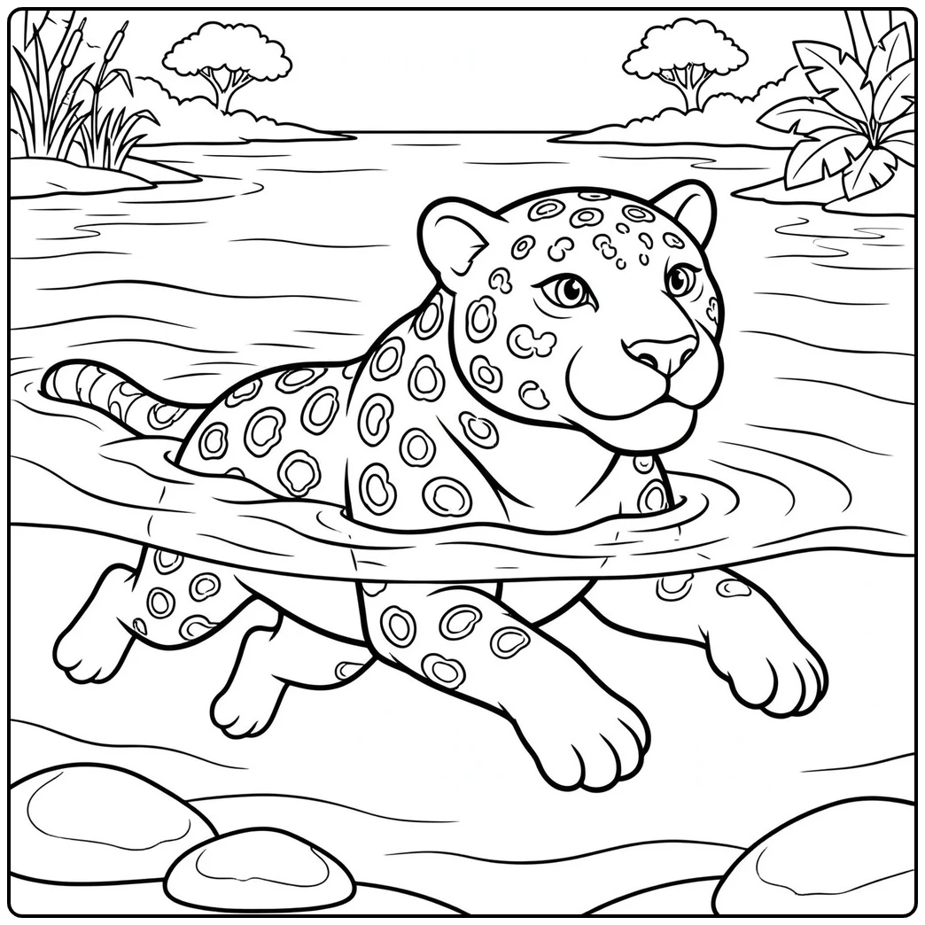 Adult jaguar swimming through a calm river with its head raised above the water