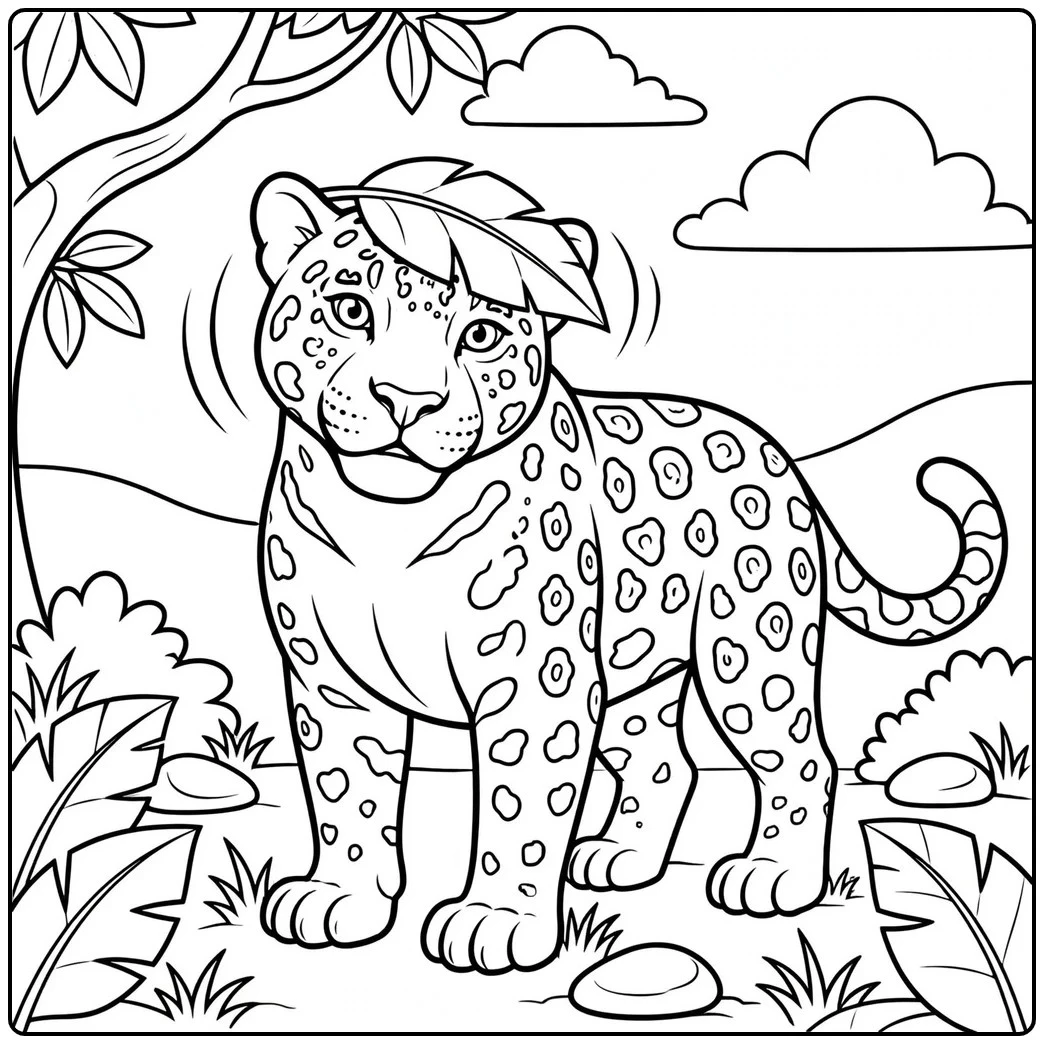 An adult jaguar standing in a forest clearing with a broad tropical leaf resting on its head