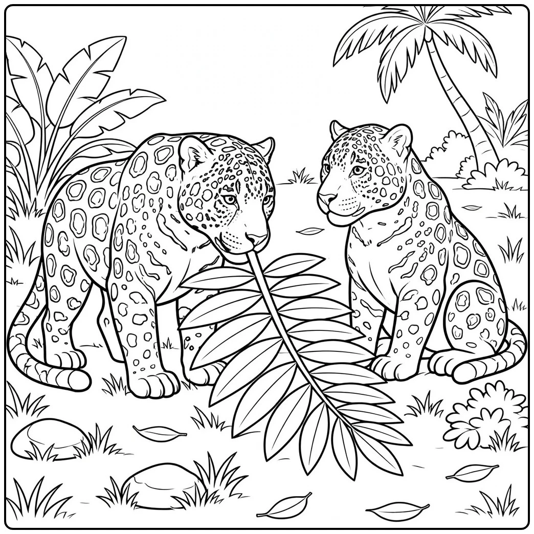A spotted jaguar nudging a large fallen palm leaf while another jaguar watches nearby