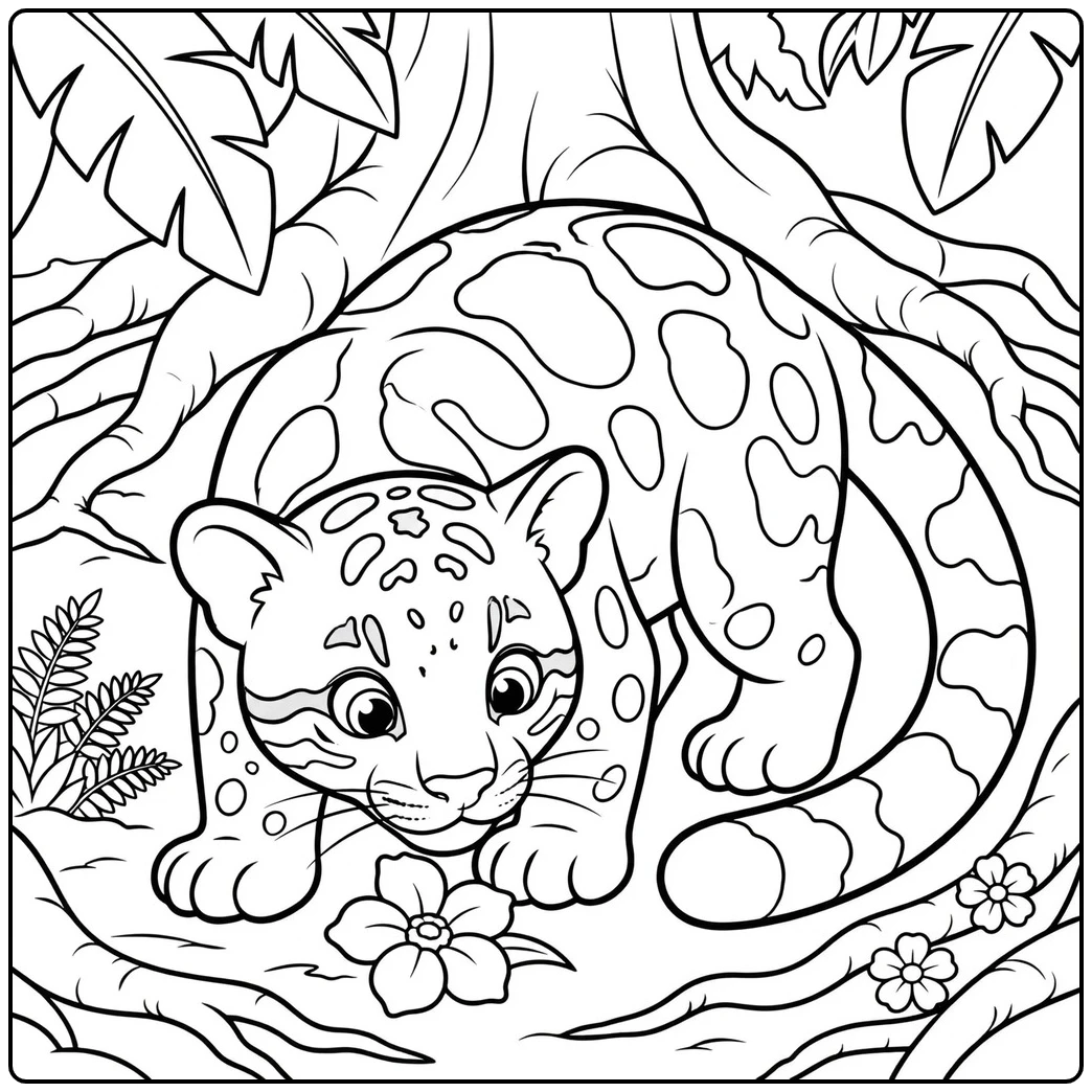 Curious baby clouded leopard sniffing a small flower beneath tangled tree roots