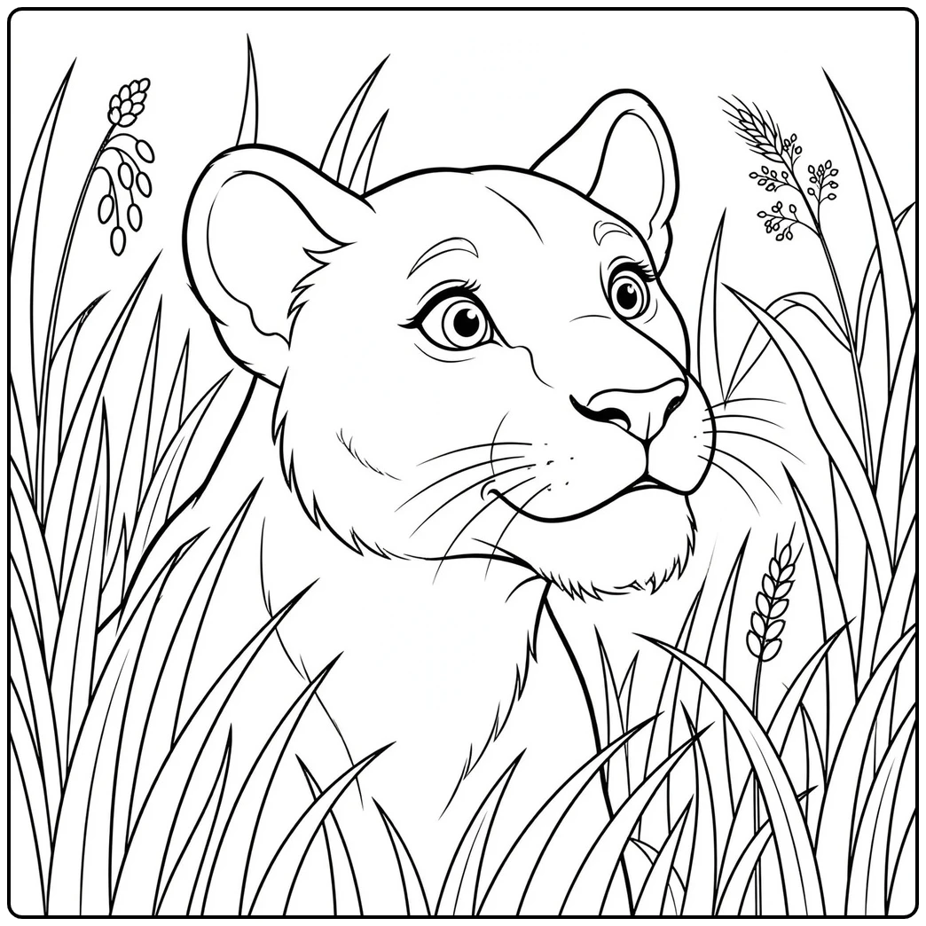 Curious lioness peeks through tall grass with bright eyes and seed heads