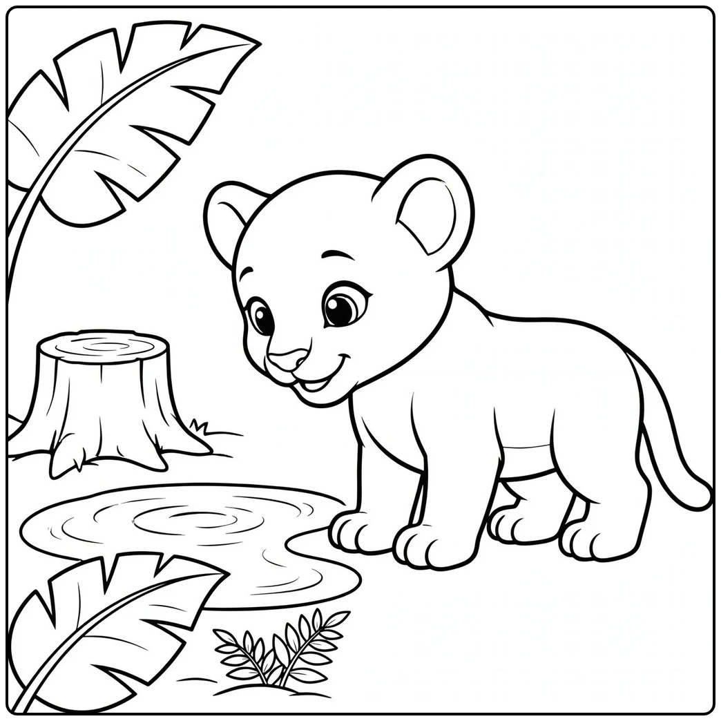 Curious panther cub standing beside a puddle near leaves and a tree stump
