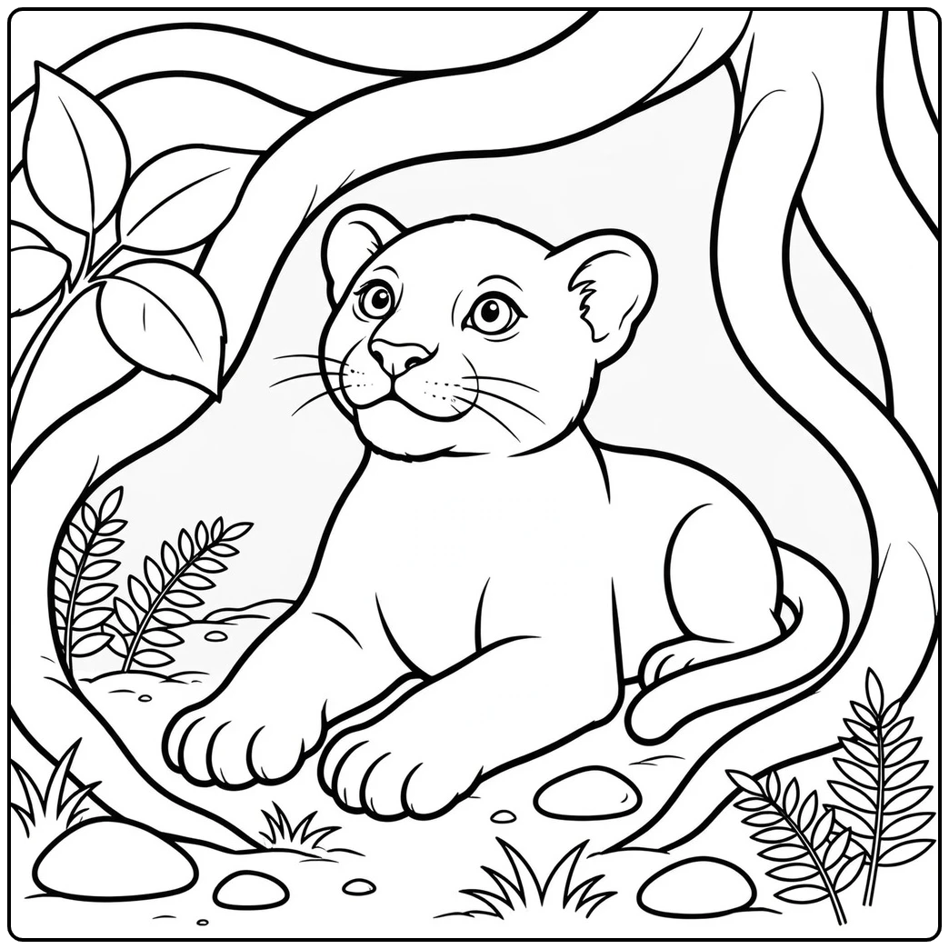 Young panther resting with both front paws extended beneath the roots of a large tree