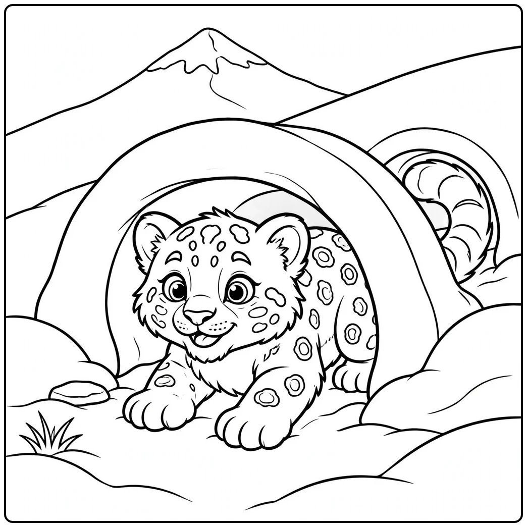 Young snow leopard crawling through a snow tunnel with its bushy tail behind