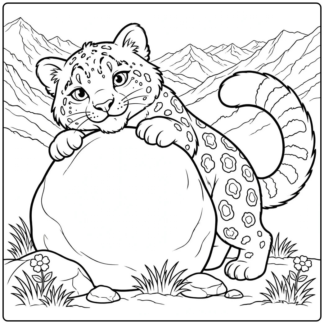 A spotted snow leopard peeking over a boulder with its fluffy tail curled upward