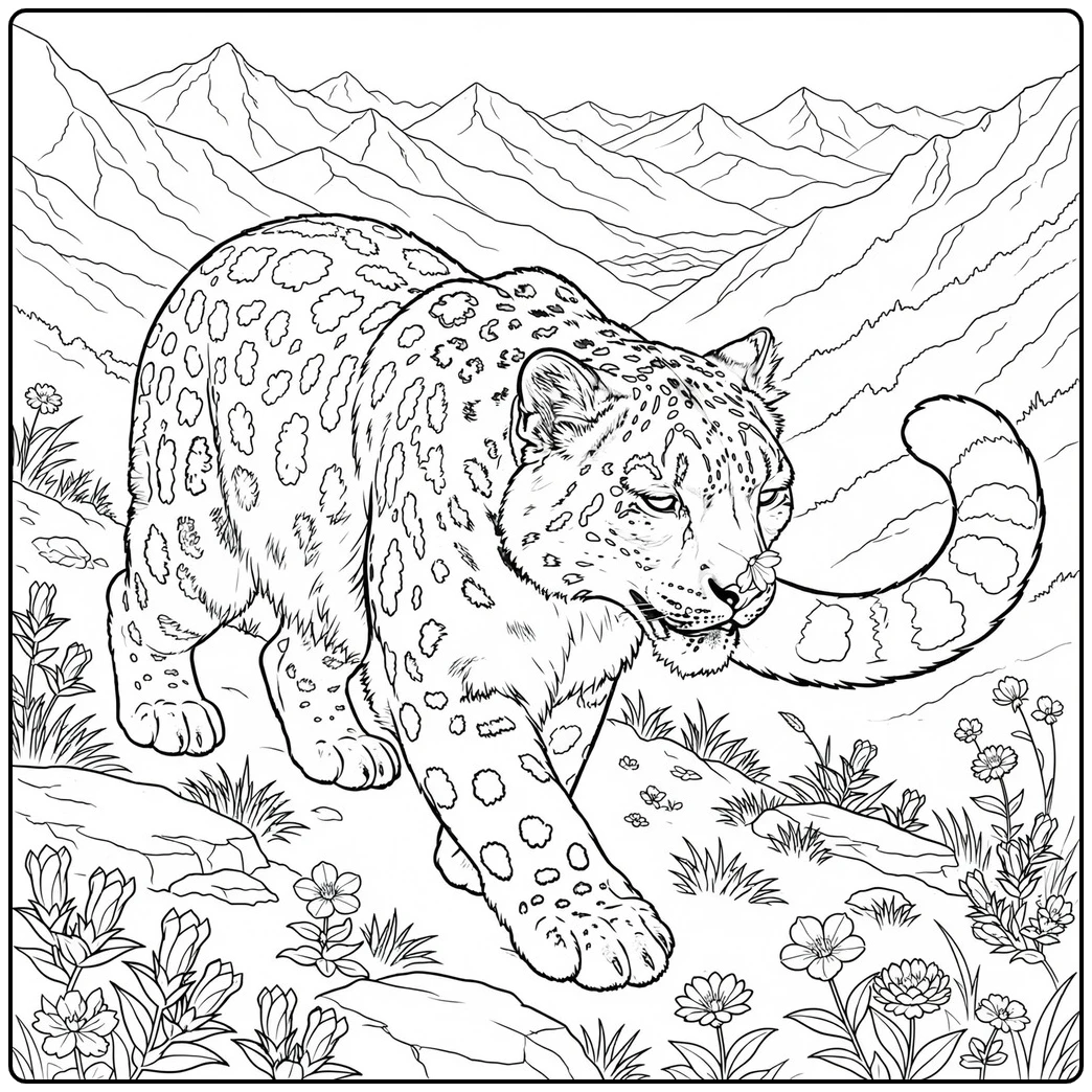 A spotted snow leopard walking through alpine wildflowers with a blossom near its nose