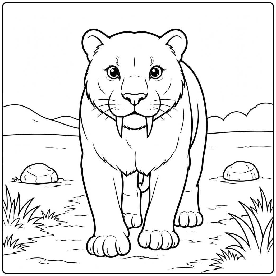 Front-facing saber tooth tiger walking across an open field with rocks and grass