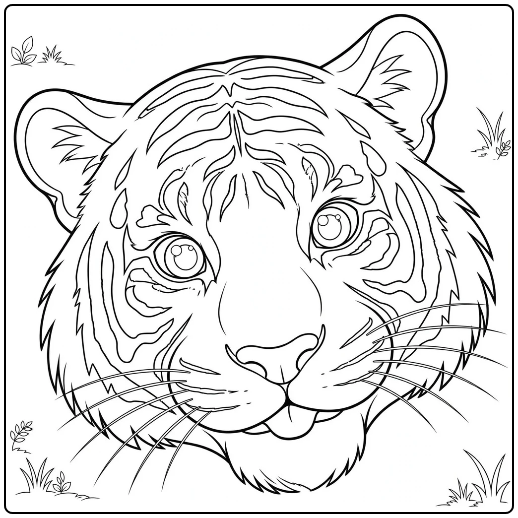 Tilted tiger portrait with bright eyes, rounded muzzle, and small corner grasses