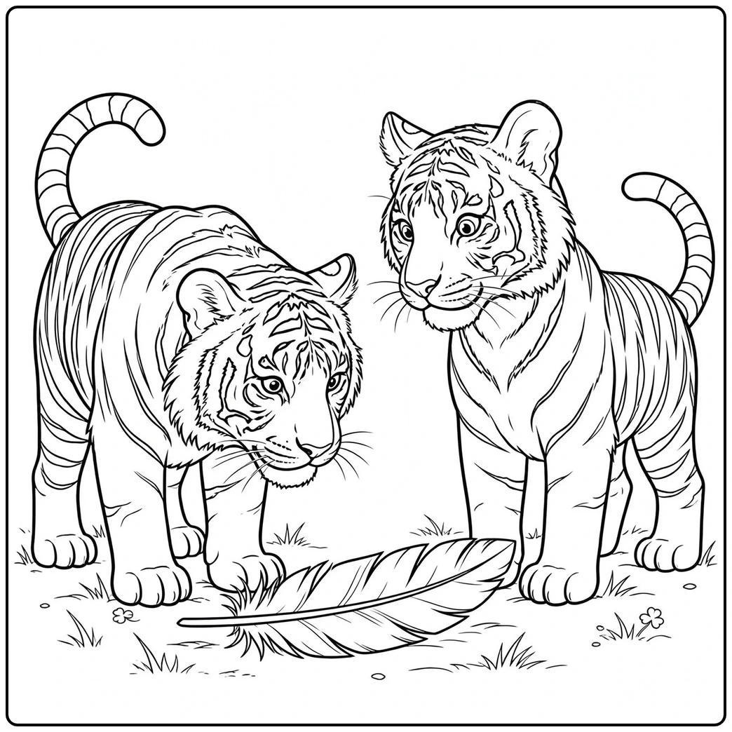 Two curious tigers studying a large feather resting between them on grass