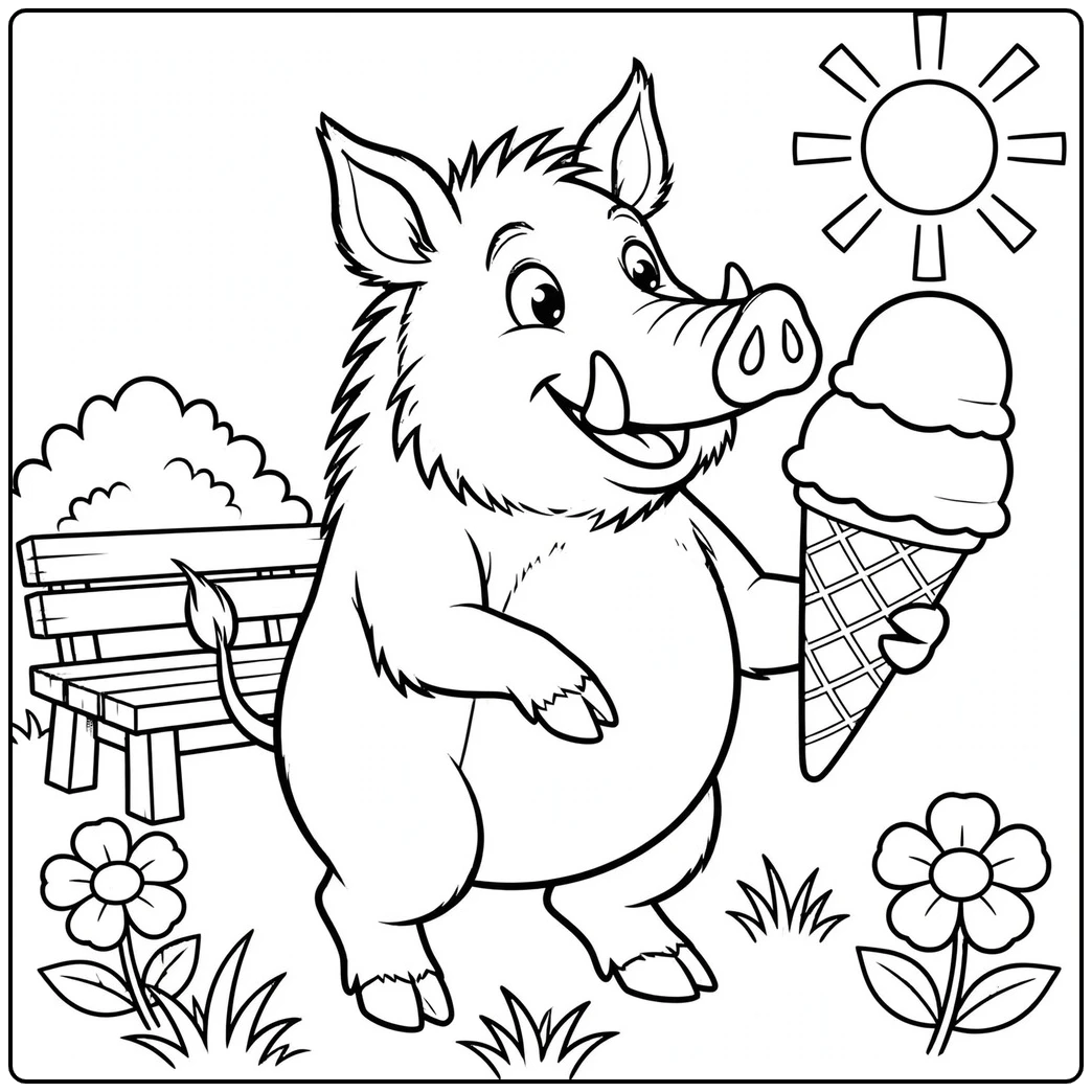 Smiling adult wild boar standing upright with a giant ice cream cone beside a bench