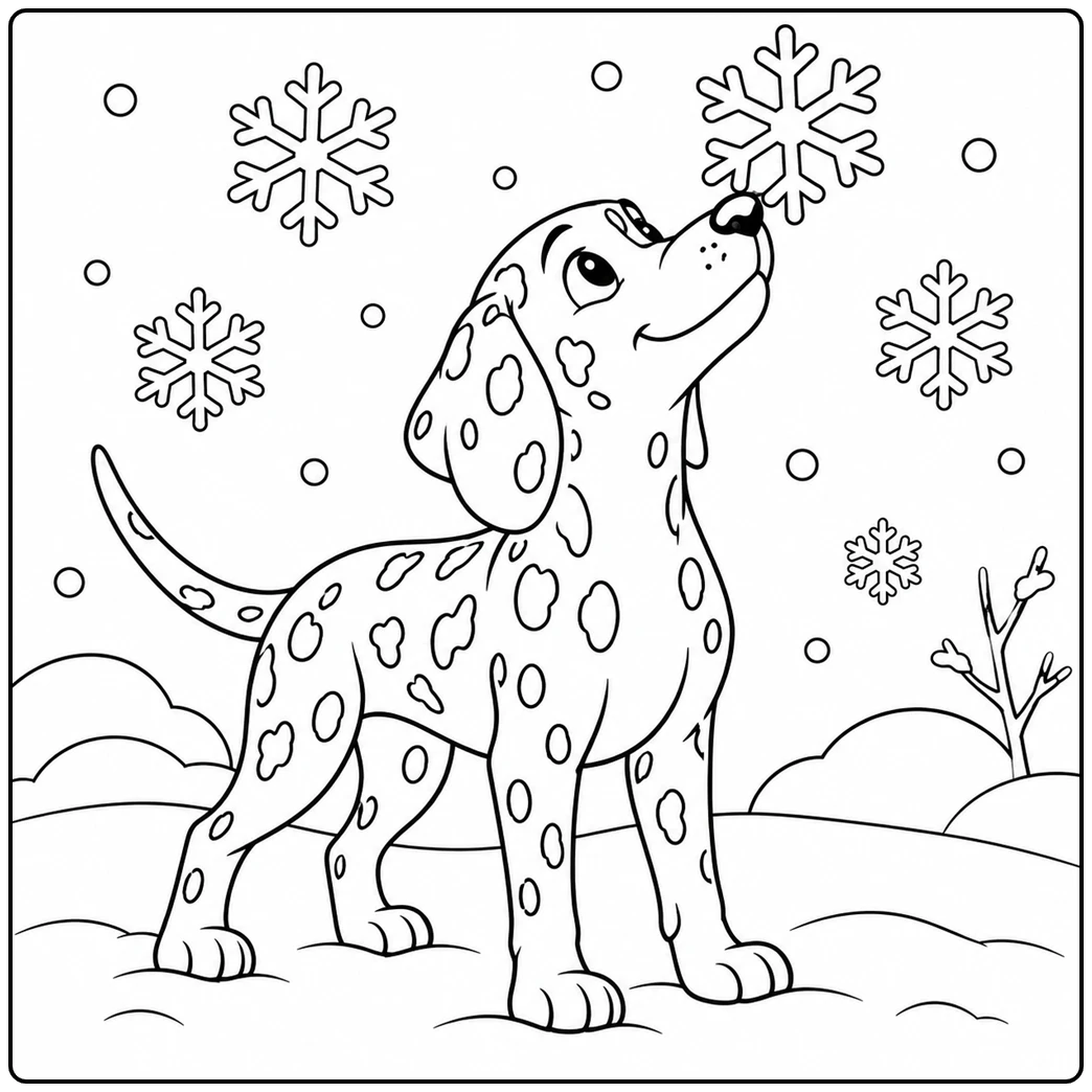 A Dalmatian catches a large snowflake on its nose in this dalmatian coloring page