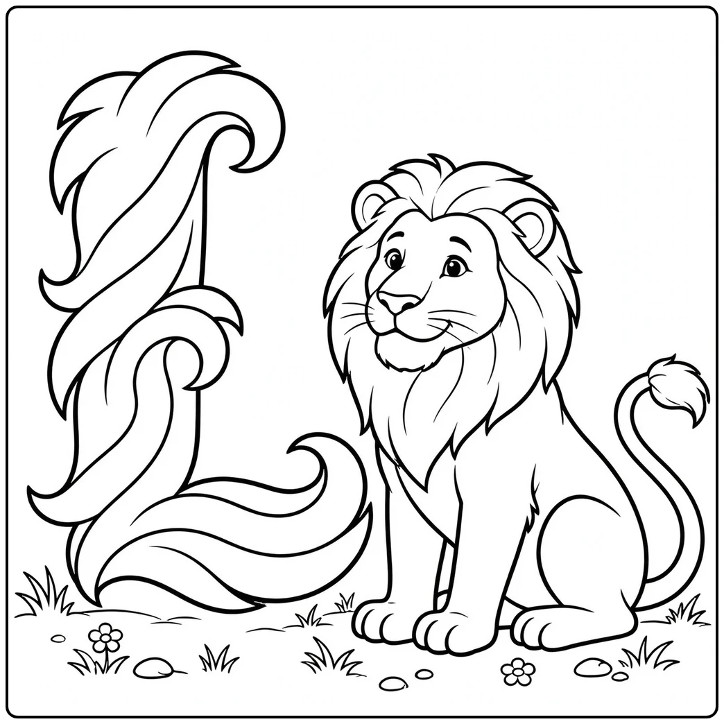 Seated male lion rests beside a large decorative letter L with flowing curves