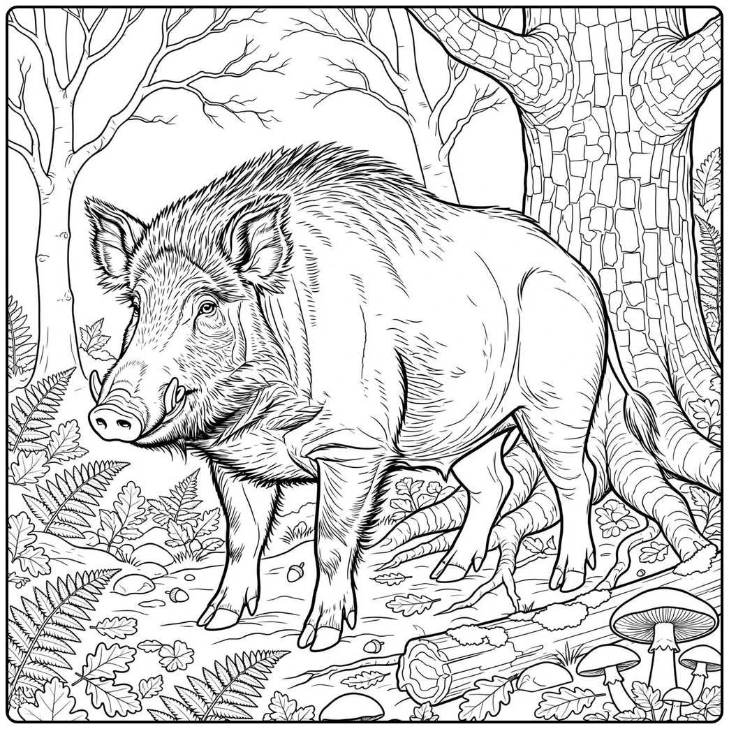 Detailed adult wild boar standing among ancient trees, exposed roots, and woodland ferns