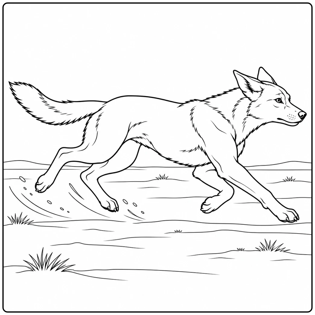 Dingo sprints across an open sandy plain with its long tail extended behind it